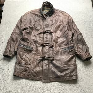 Vintage Miropa Brown Leather Toggle Coat Jacket Mens XL Plaid Lined Korea Brown